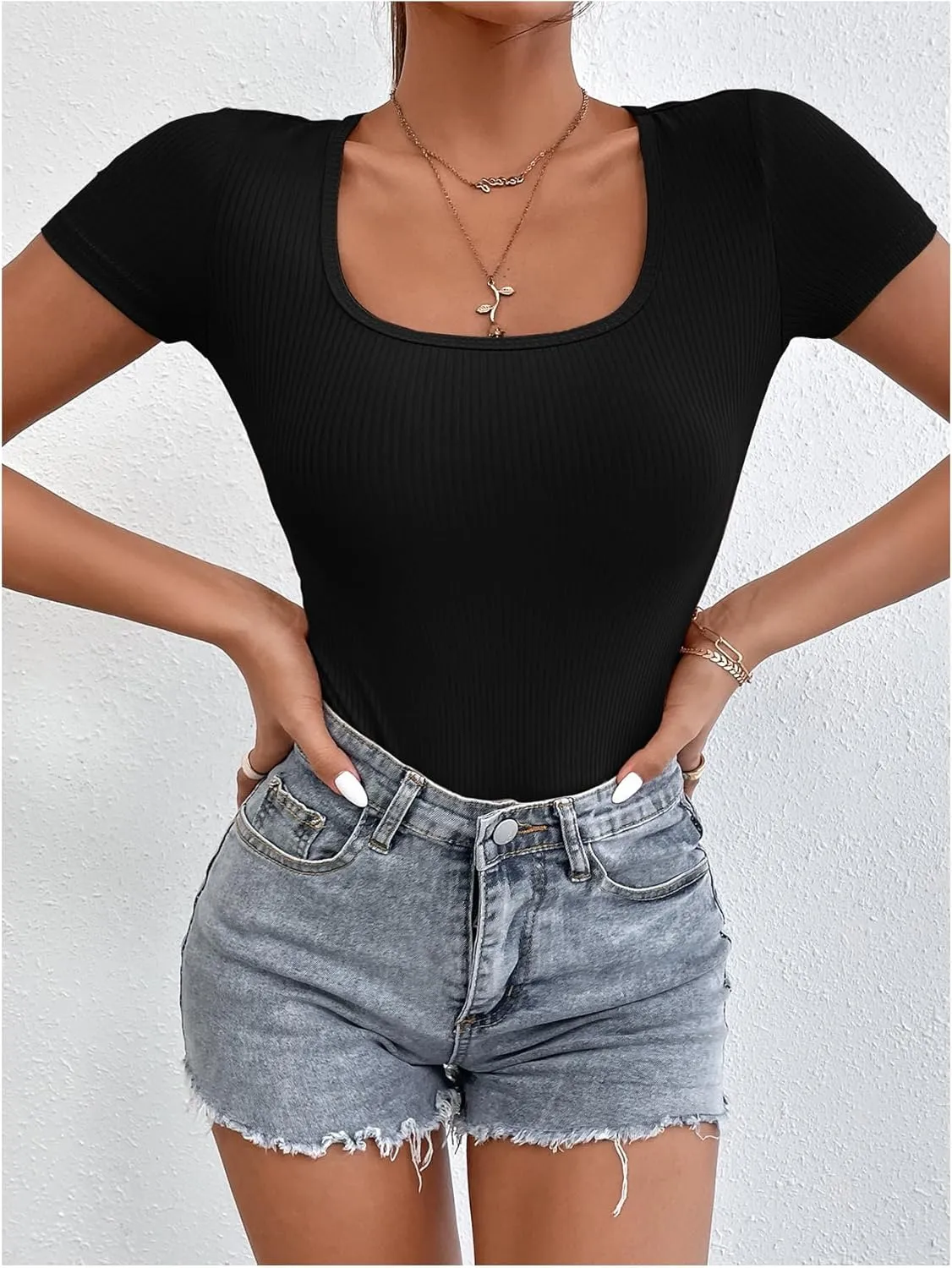 SOLY HUX Bodysuits for Women Square Neck Short Sleeve Ribbed Knit Bodysuit T Shirt Tops