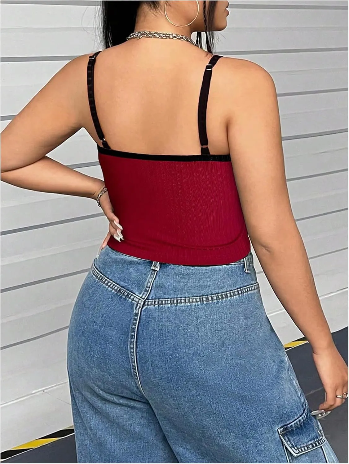 SOLY HUX Women's Plus Size Goth Cami Crop Tops Contrast Mesh Spaghetti Strap Summer Top