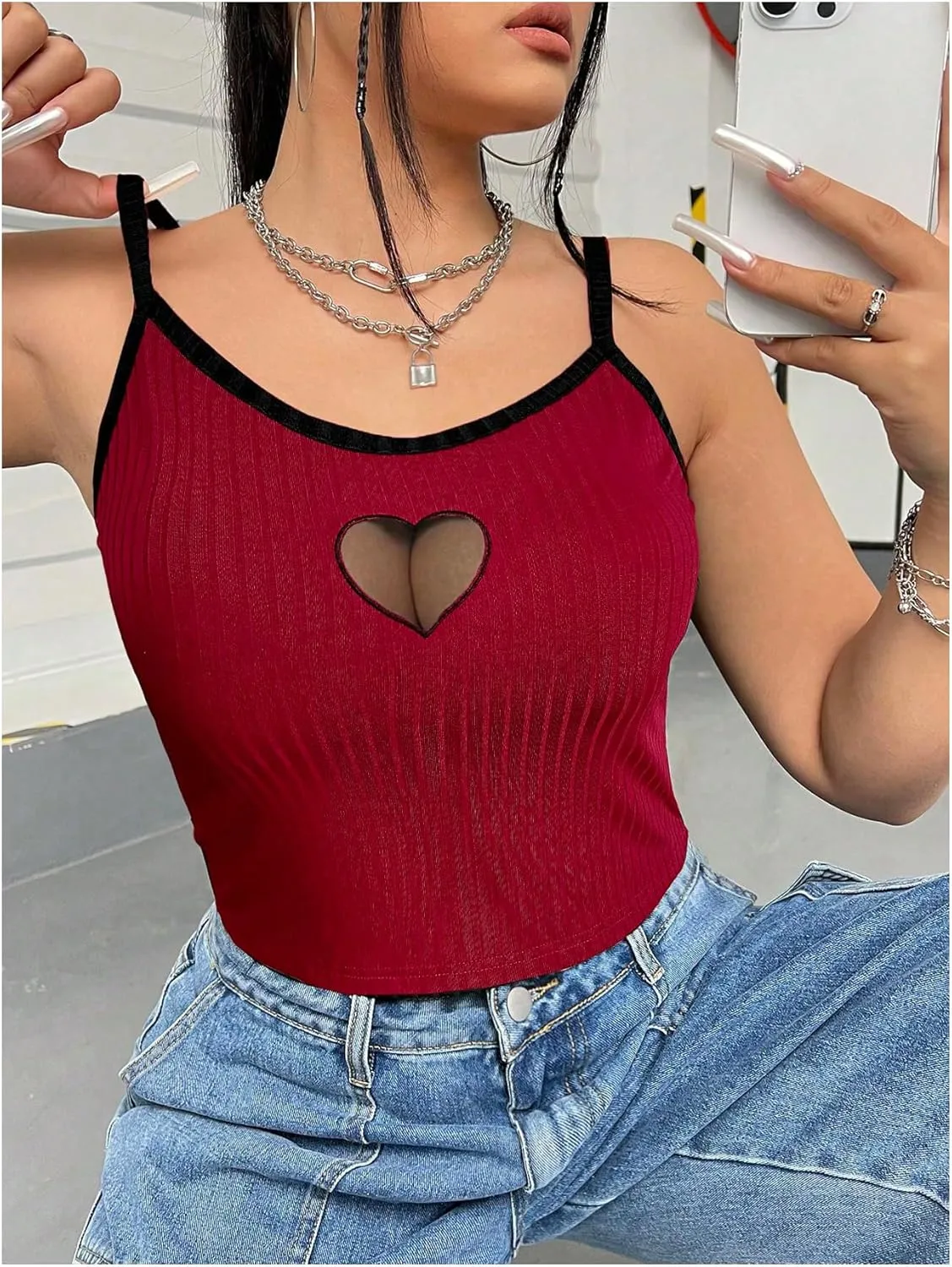 SOLY HUX Women's Plus Size Goth Cami Crop Tops Contrast Mesh Spaghetti Strap Summer Top