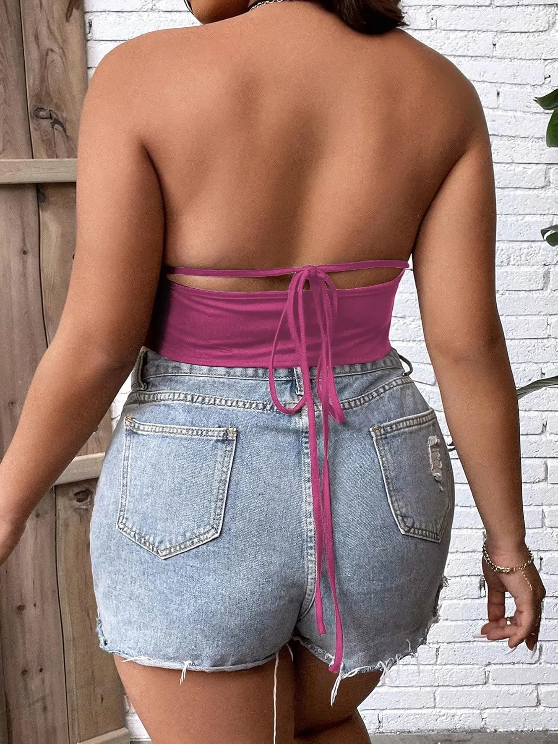 SOLY HUX Women's Plus Size Halter Tie Backless Asymmetrical Hem Sexy Cami Tops