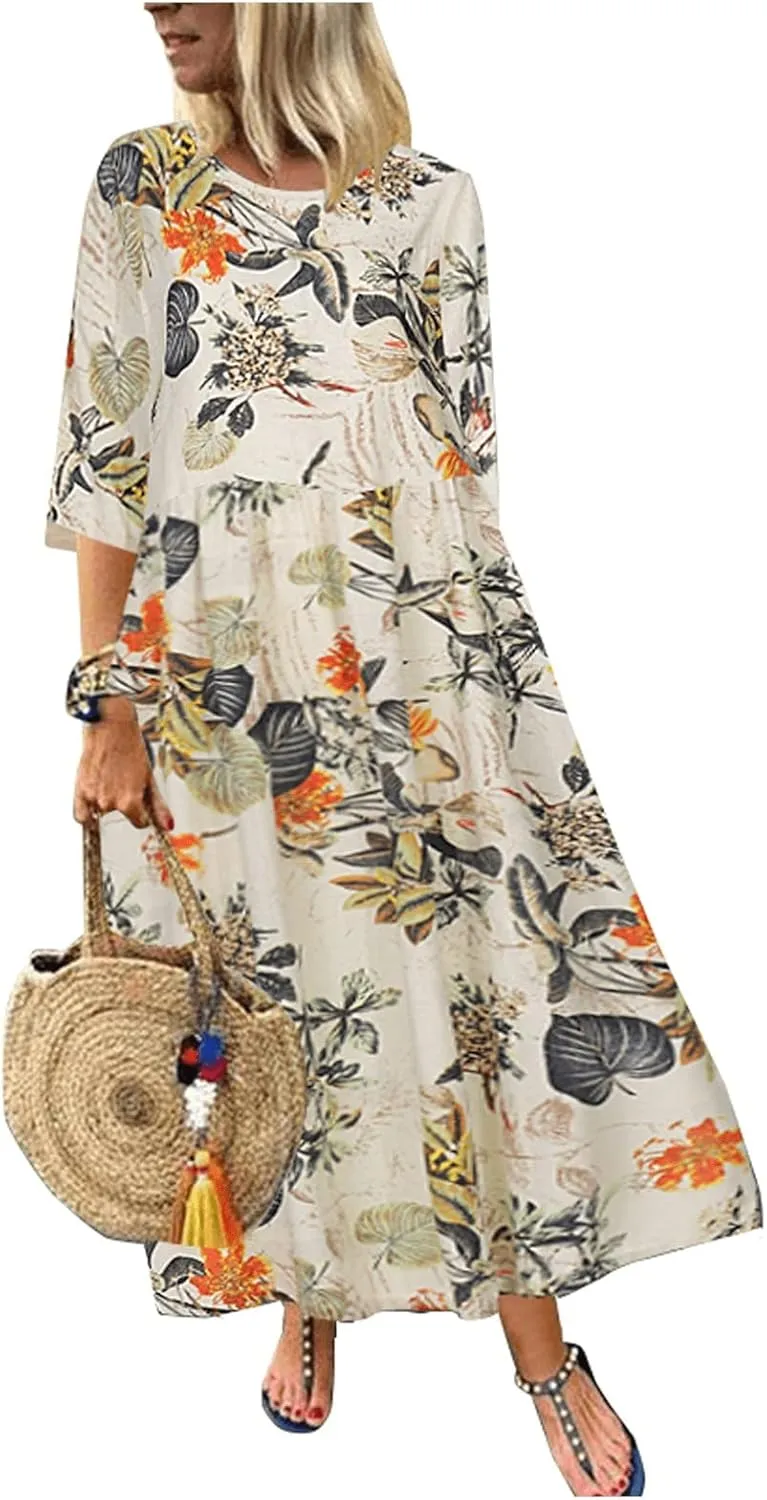 Spring Dresses for Women 2024 Casual 3/4 Sleeve Plus Size Maxi Dress A Line Shirt Flowy Swing Beach Vacation Long Sundress