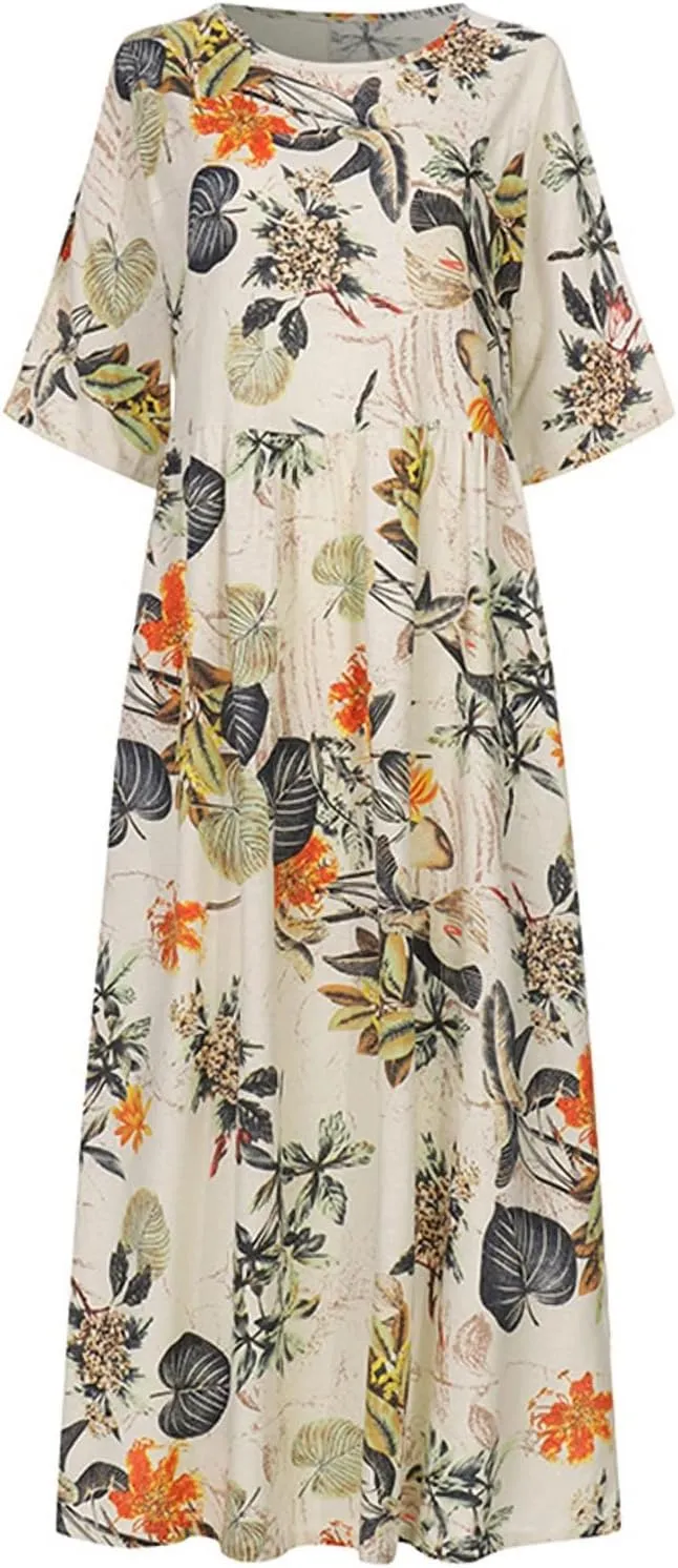 Spring Dresses for Women 2024 Casual 3/4 Sleeve Plus Size Maxi Dress A Line Shirt Flowy Swing Beach Vacation Long Sundress