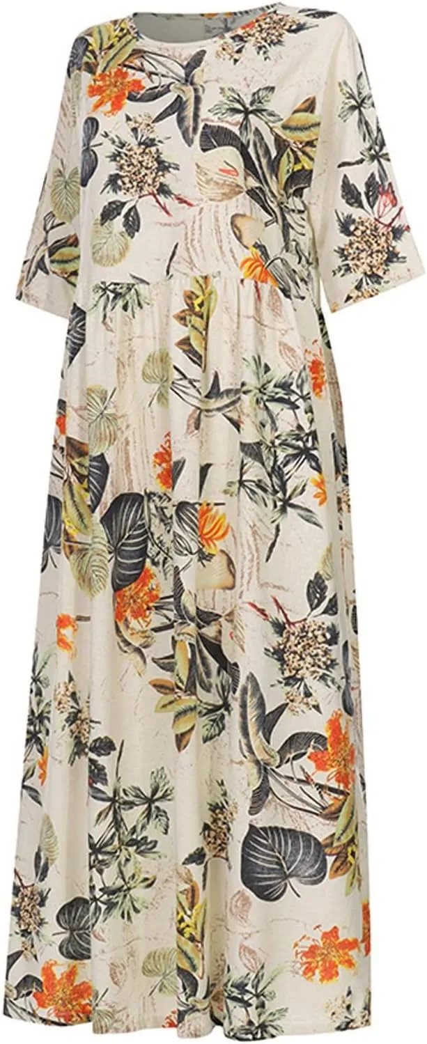Spring Dresses for Women 2024 Casual 3/4 Sleeve Plus Size Maxi Dress A Line Shirt Flowy Swing Beach Vacation Long Sundress