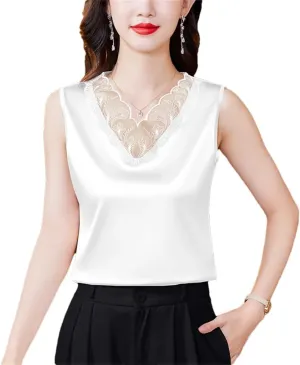 Spring Summer Women Satin Camisole Sleeveless Shirt Tank Top V-Neck Sexy Patchwork Lace Vest Tops