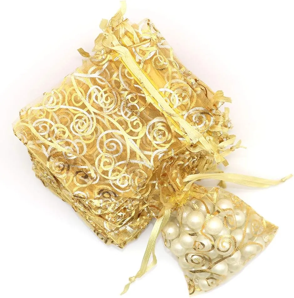 Staruby Organza Gift Bag 100Pcs Gold Sheer Organza Bag Mesh Favor Bags Drawstring Jewelry Rattan Printed Gift Pouches for Wedding Party Favors Baby Shower Christmas Gifts Candy Bags (3x4 Inches)