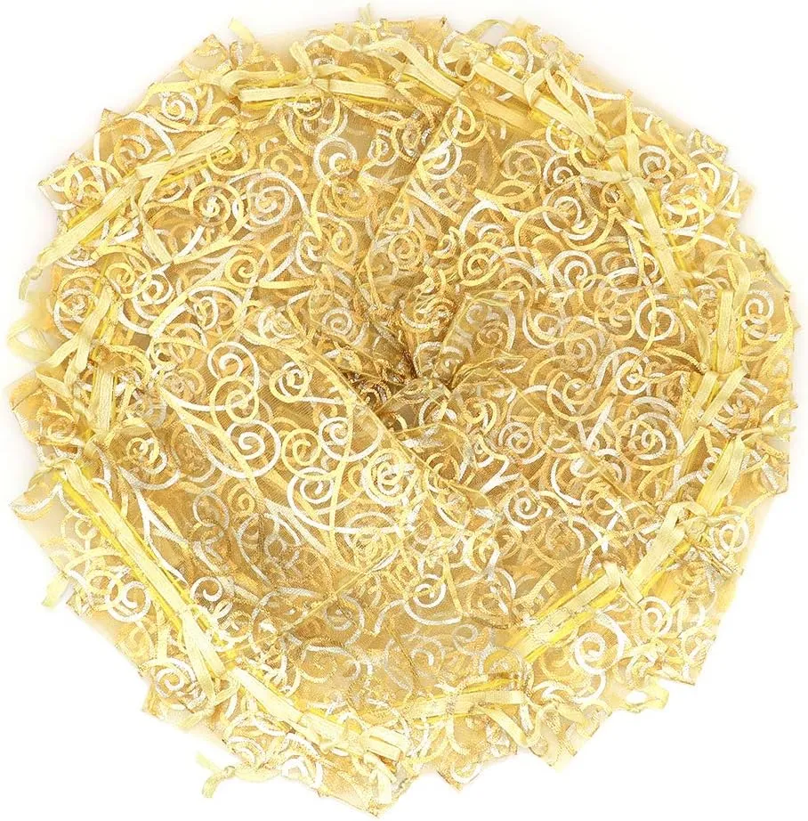 Staruby Organza Gift Bag 100Pcs Gold Sheer Organza Bag Mesh Favor Bags Drawstring Jewelry Rattan Printed Gift Pouches for Wedding Party Favors Baby Shower Christmas Gifts Candy Bags (3x4 Inches)