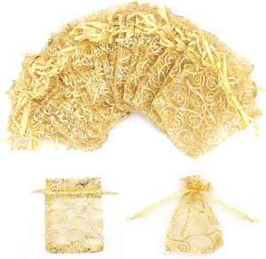 Staruby Organza Gift Bag 100Pcs Gold Sheer Organza Bag Mesh Favor Bags Drawstring Jewelry Rattan Printed Gift Pouches for Wedding Party Favors Baby Shower Christmas Gifts Candy Bags (3x4 Inches)