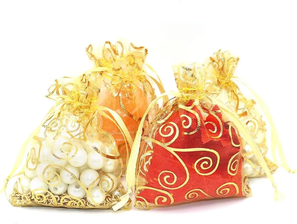 Staruby Organza Gift Bag 100Pcs Gold Sheer Organza Bag Mesh Favor Bags Drawstring Jewelry Rattan Printed Gift Pouches for Wedding Party Favors Baby Shower Christmas Gifts Candy Bags (3x4 Inches)