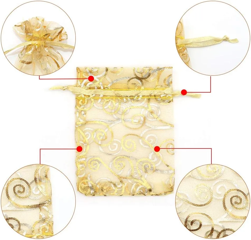Staruby Organza Gift Bag 100Pcs Gold Sheer Organza Bag Mesh Favor Bags Drawstring Jewelry Rattan Printed Gift Pouches for Wedding Party Favors Baby Shower Christmas Gifts Candy Bags (3x4 Inches)