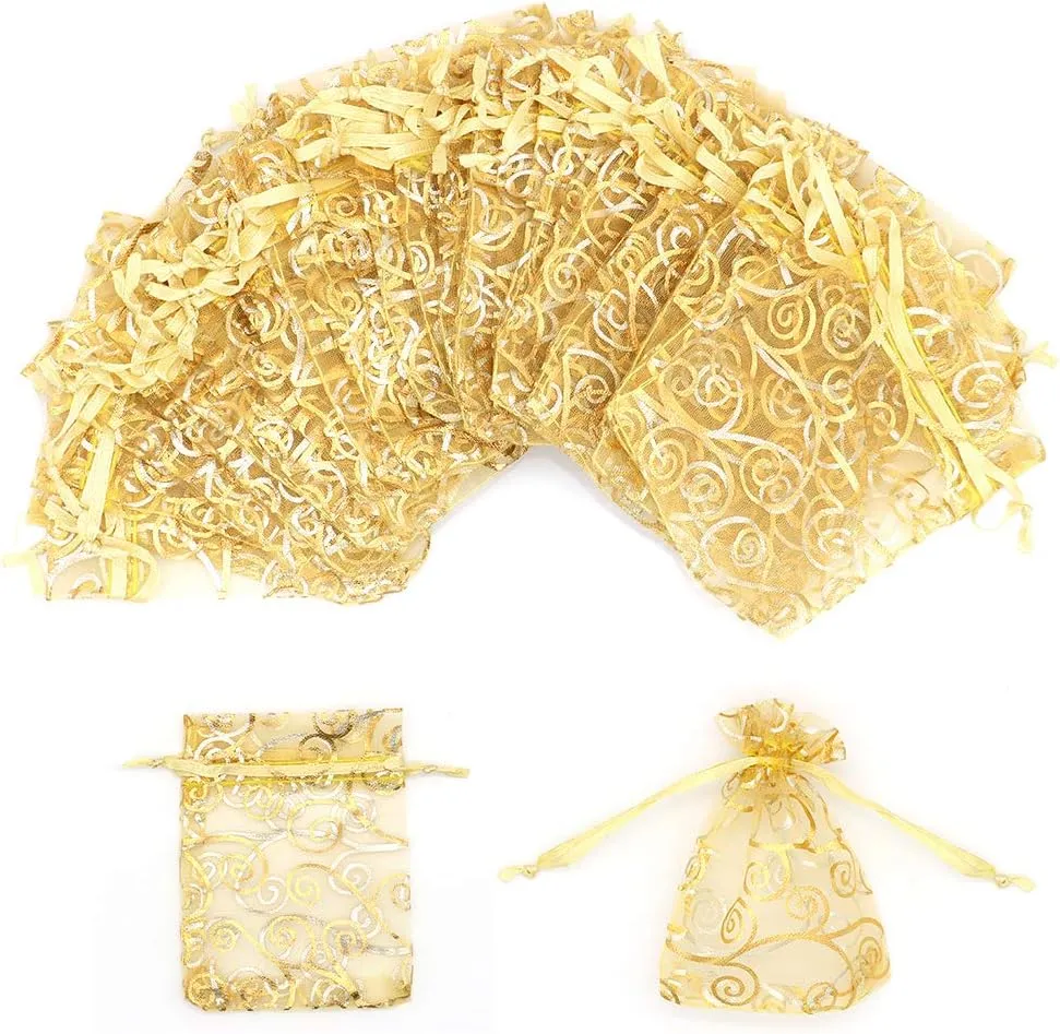 Staruby Organza Gift Bag 100Pcs Gold Sheer Organza Bag Mesh Favor Bags Drawstring Jewelry Rattan Printed Gift Pouches for Wedding Party Favors Baby Shower Christmas Gifts Candy Bags (3x4 Inches)