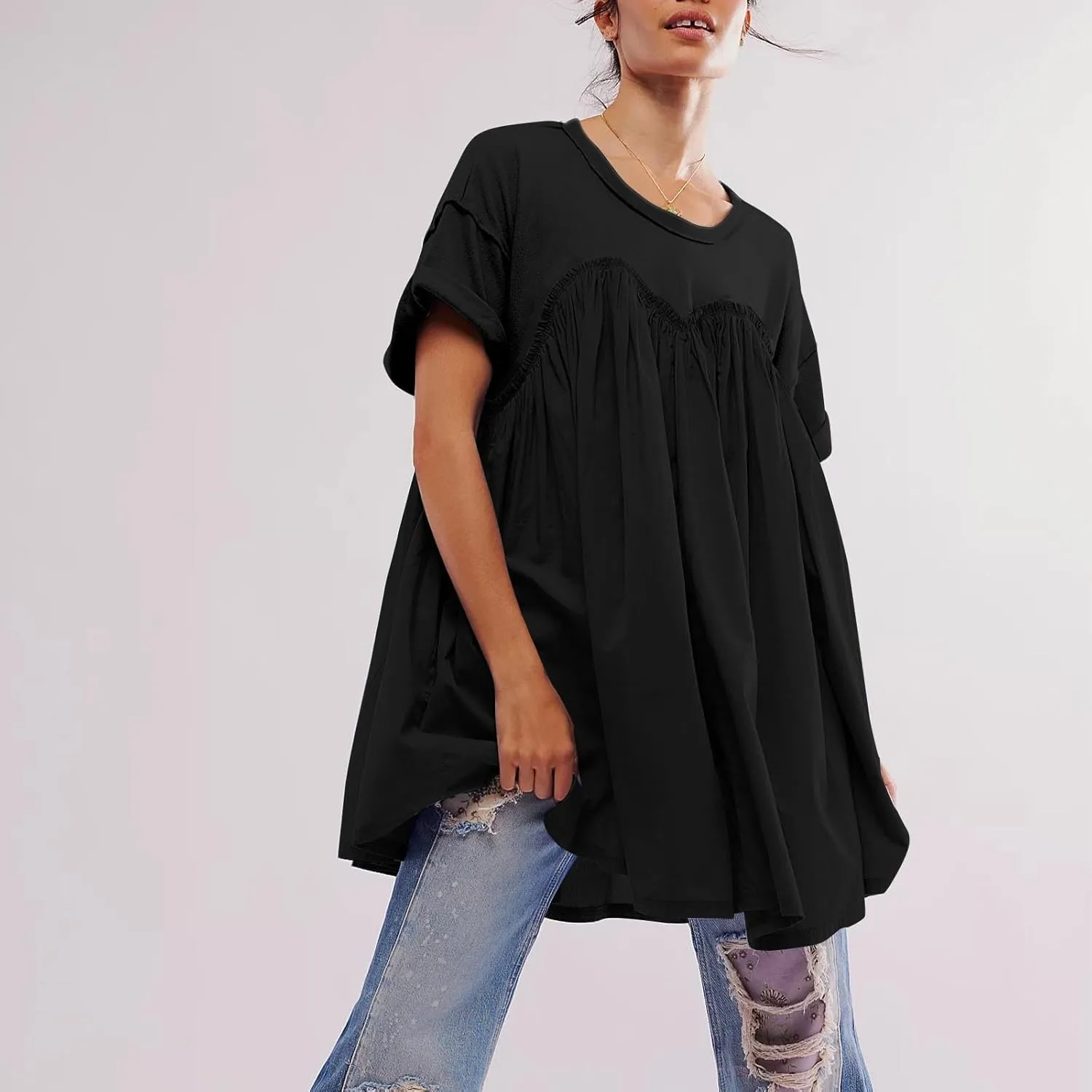 Summer Babydoll Dresses for Women Mini Casual Dress Dressy Short Sleeve Tops Patchwork Ruffle Dress, Small