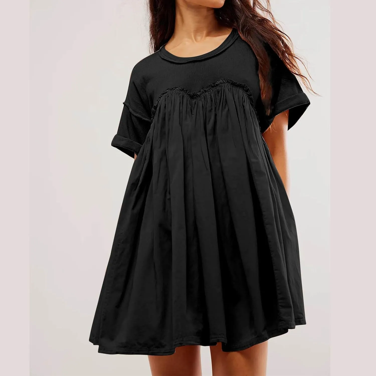 Summer Babydoll Dresses for Women Mini Casual Dress Dressy Short Sleeve Tops Patchwork Ruffle Dress, Small