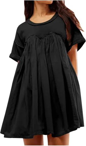 Summer Babydoll Dresses for Women Mini Casual Dress Dressy Short Sleeve Tops Patchwork Ruffle Dress, Small