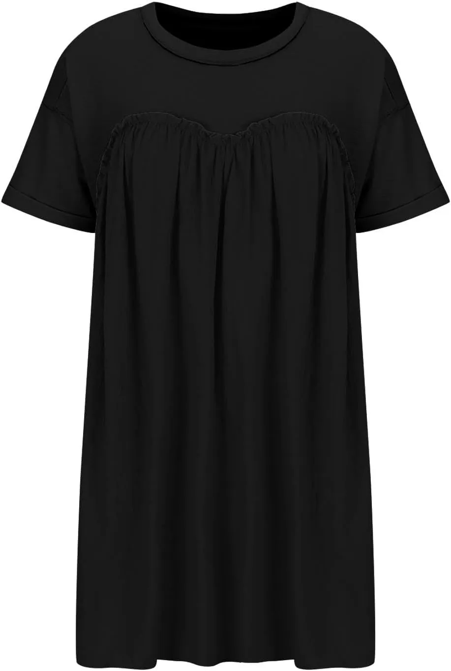 Summer Babydoll Dresses for Women Mini Casual Dress Dressy Short Sleeve Tops Patchwork Ruffle Dress, Small
