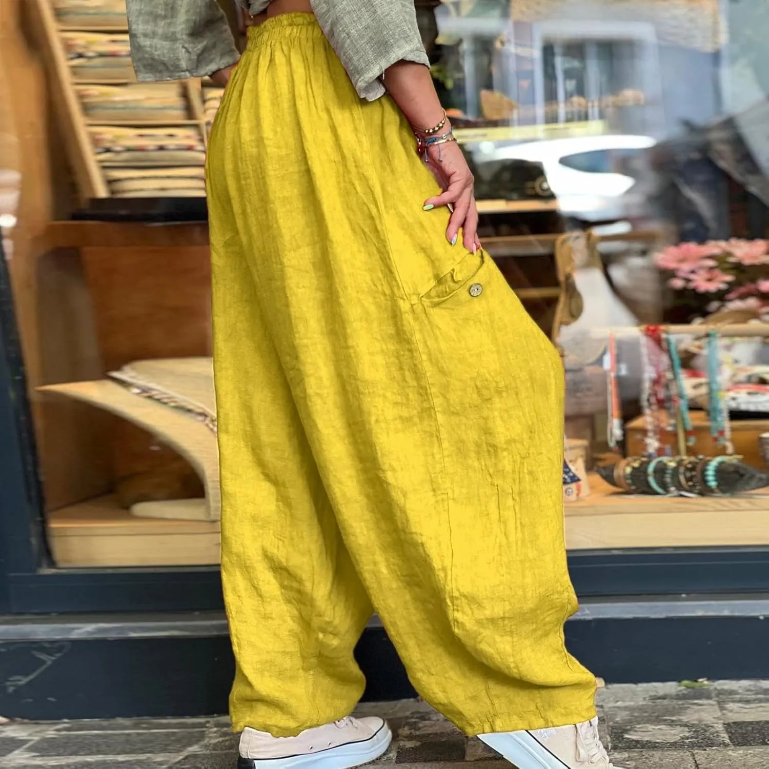 Summer Cotton Linen Pants Solid Color Pocket Baggy Casual Pants Women Pleated High Waisted Wide Leg Pants Wide Leg