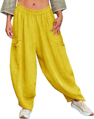 Summer Cotton Linen Pants Solid Color Pocket Baggy Casual Pants Women Pleated High Waisted Wide Leg Pants Wide Leg