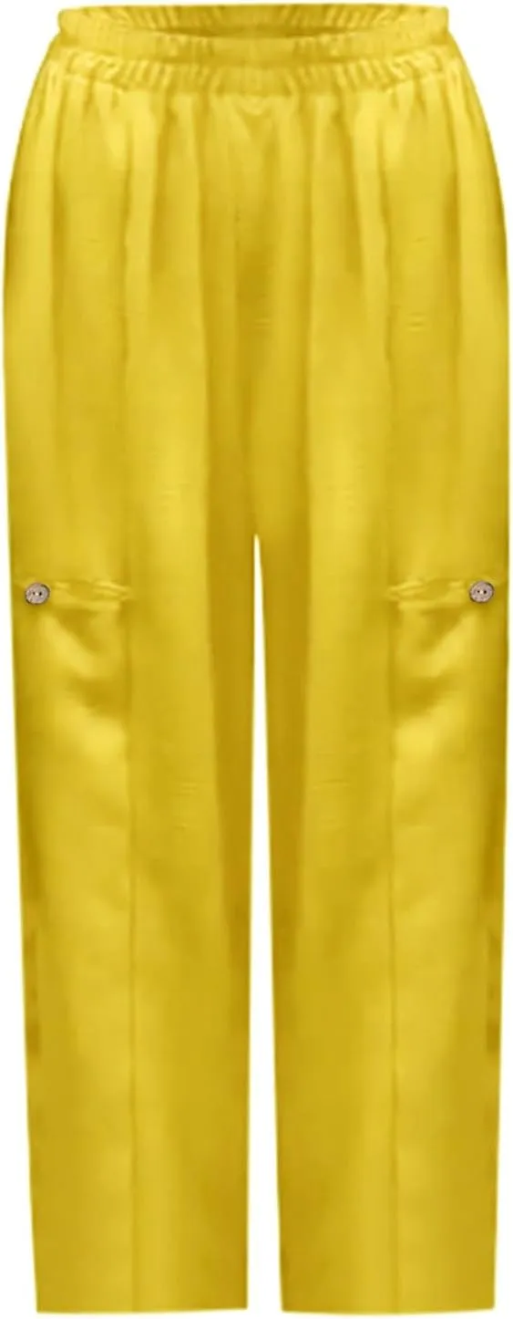 Summer Cotton Linen Pants Solid Color Pocket Baggy Casual Pants Women Pleated High Waisted Wide Leg Pants Wide Leg