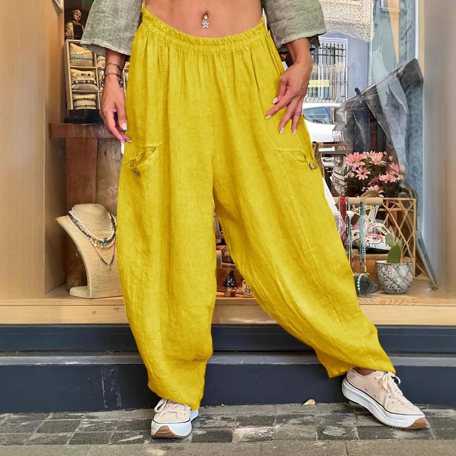Summer Cotton Linen Pants Solid Color Pocket Baggy Casual Pants Women Pleated High Waisted Wide Leg Pants Wide Leg