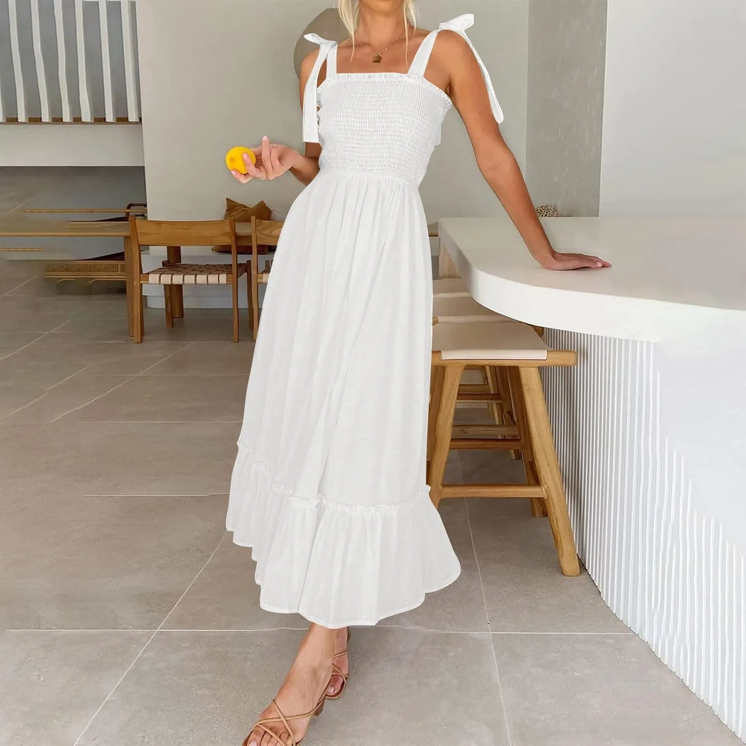 Summer Dresses for Women Spaghetti Strap Square Neck Sundress Tie Up Smocked Maxi Dress Ruffle Tiered A Line Dress