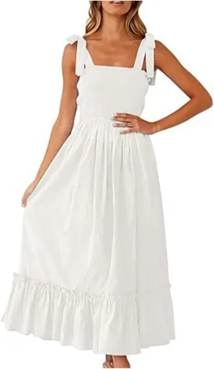 Summer Dresses for Women Spaghetti Strap Square Neck Sundress Tie Up Smocked Maxi Dress Ruffle Tiered A Line Dress