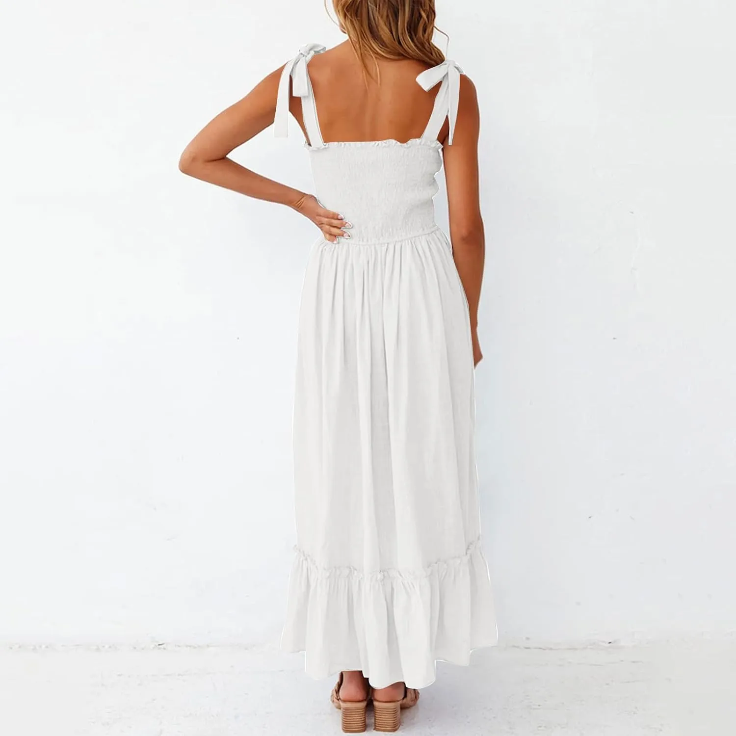 Summer Dresses for Women Spaghetti Strap Square Neck Sundress Tie Up Smocked Maxi Dress Ruffle Tiered A Line Dress