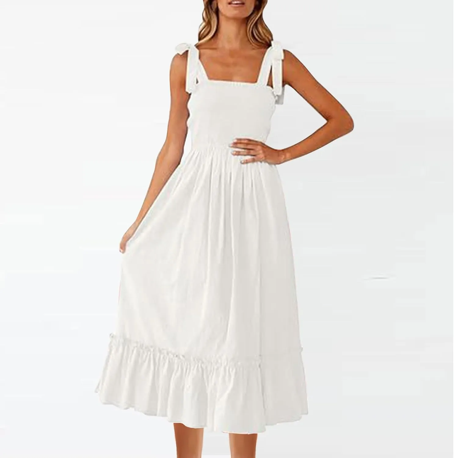 Summer Dresses for Women Spaghetti Strap Square Neck Sundress Tie Up Smocked Maxi Dress Ruffle Tiered A Line Dress