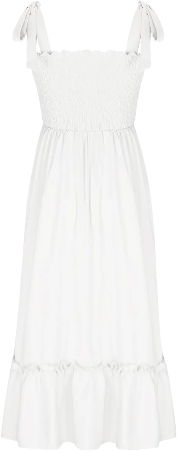Summer Dresses for Women Spaghetti Strap Square Neck Sundress Tie Up Smocked Maxi Dress Ruffle Tiered A Line Dress