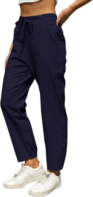 Summer Linen Pants for Women Drawstring Elastic High Waisted Casual Pants Loose Fit Beach Lounge Trousers with Pocket