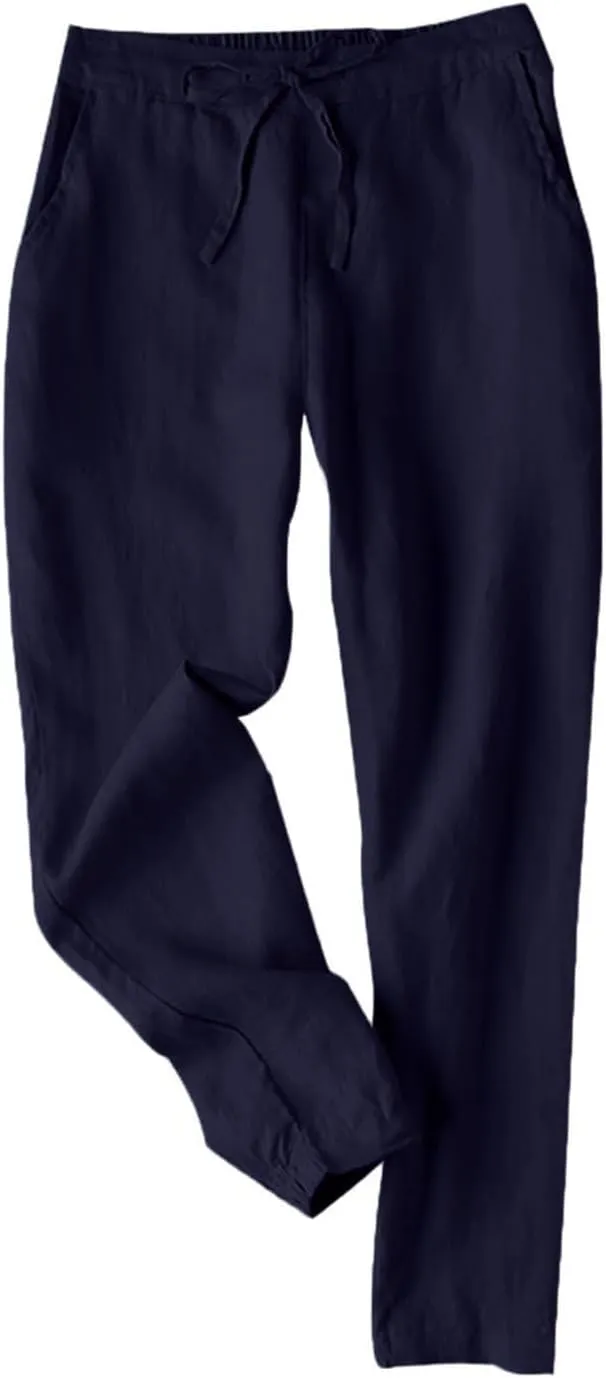 Summer Linen Pants for Women Drawstring Elastic High Waisted Casual Pants Loose Fit Beach Lounge Trousers with Pocket