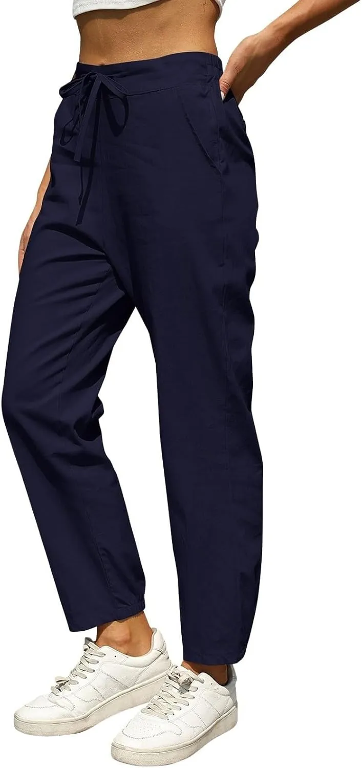 Summer Linen Pants for Women Drawstring Elastic High Waisted Casual Pants Loose Fit Beach Lounge Trousers with Pocket