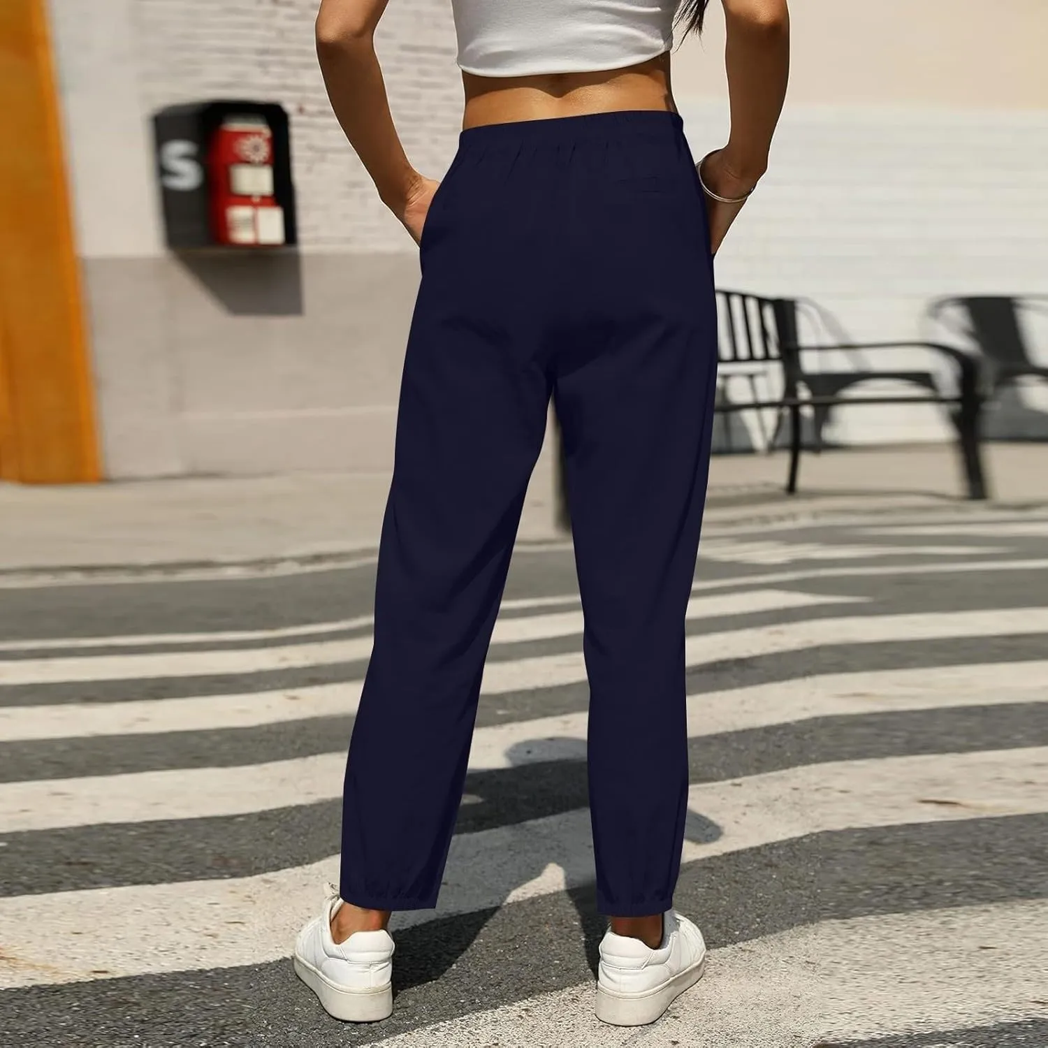 Summer Linen Pants for Women Drawstring Elastic High Waisted Casual Pants Loose Fit Beach Lounge Trousers with Pocket