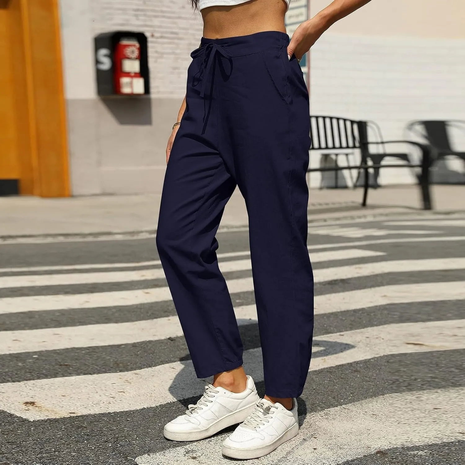 Summer Linen Pants for Women Drawstring Elastic High Waisted Casual Pants Loose Fit Beach Lounge Trousers with Pocket
