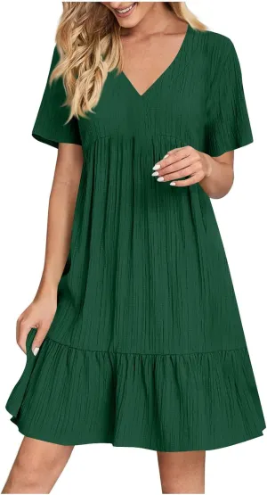 Summer Tiered Mini Dresses for Women Summer Ruffle Short Sleeve V Neck Beach Dress Swing A-Line Babydoll Dress