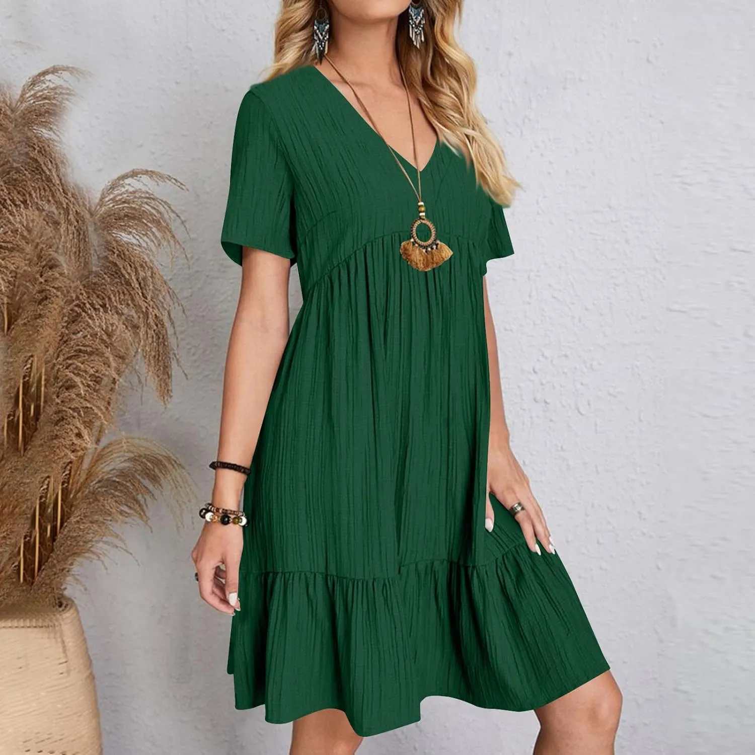 Summer Tiered Mini Dresses for Women Summer Ruffle Short Sleeve V Neck Beach Dress Swing A-Line Babydoll Dress