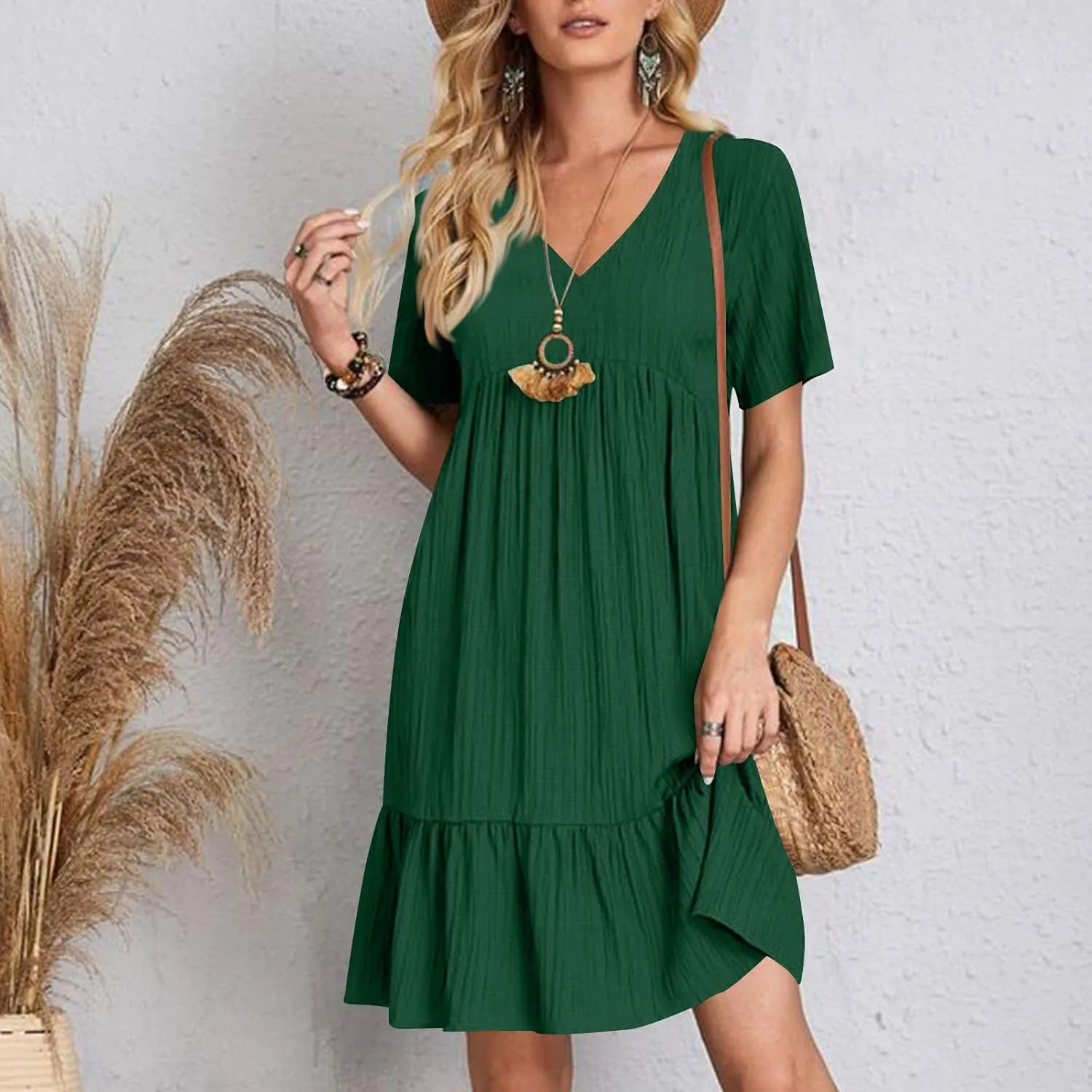Summer Tiered Mini Dresses for Women Summer Ruffle Short Sleeve V Neck Beach Dress Swing A-Line Babydoll Dress