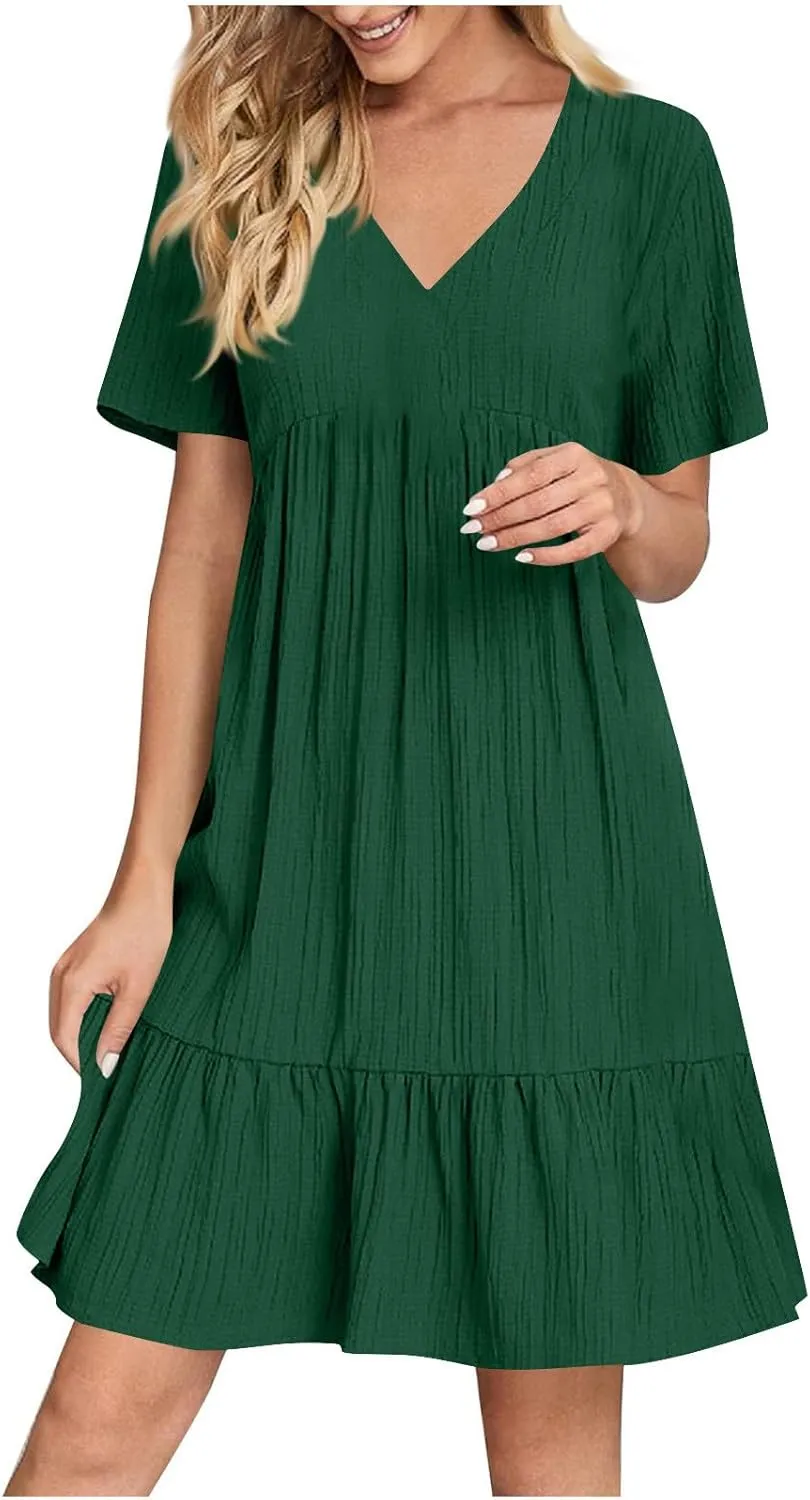 Summer Tiered Mini Dresses for Women Summer Ruffle Short Sleeve V Neck Beach Dress Swing A-Line Babydoll Dress