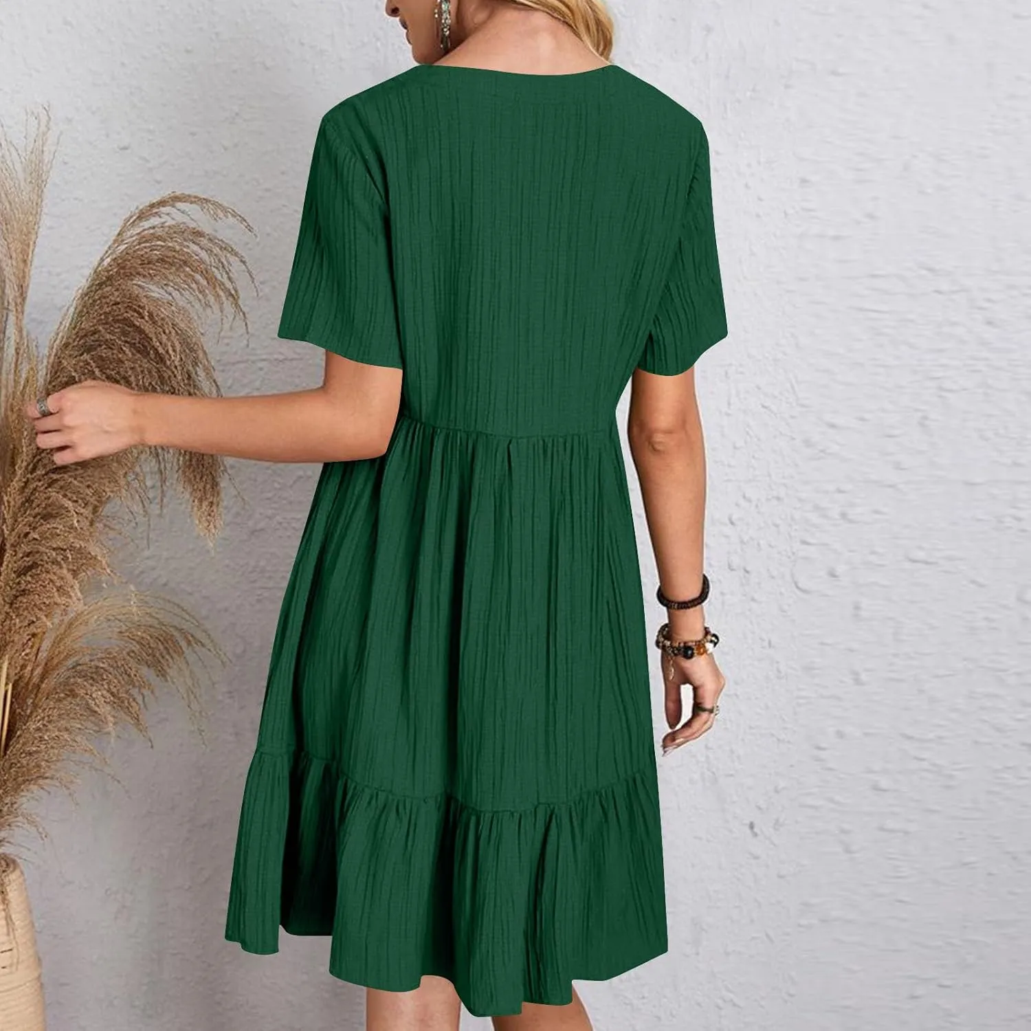 Summer Tiered Mini Dresses for Women Summer Ruffle Short Sleeve V Neck Beach Dress Swing A-Line Babydoll Dress