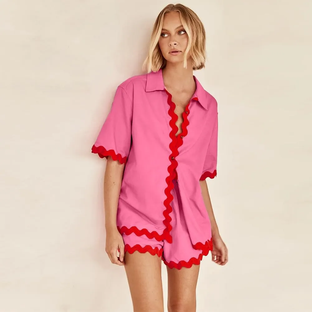 Summer Women's 2 Pieces Casual Sets Short Sleeve Rickrack Trim Contrast Shirt and High Waist Shorts Lounge Wear
