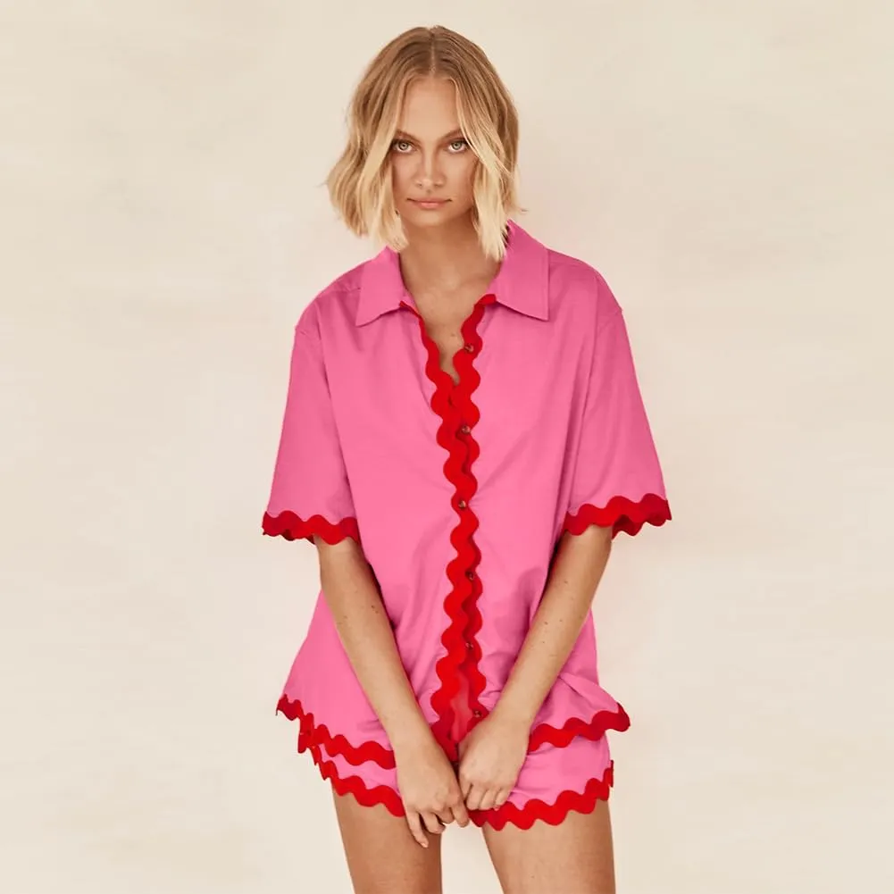Summer Women's 2 Pieces Casual Sets Short Sleeve Rickrack Trim Contrast Shirt and High Waist Shorts Lounge Wear