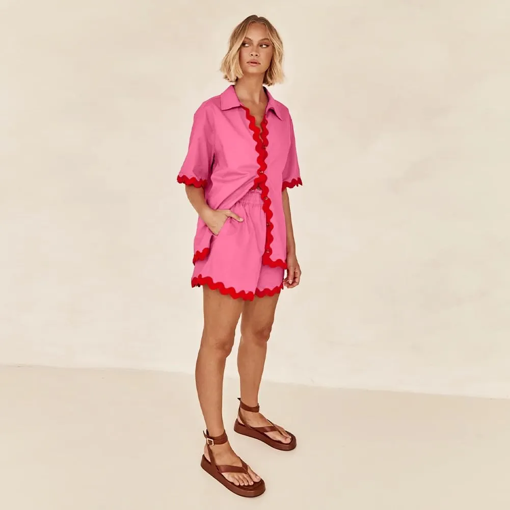 Summer Women's 2 Pieces Casual Sets Short Sleeve Rickrack Trim Contrast Shirt and High Waist Shorts Lounge Wear