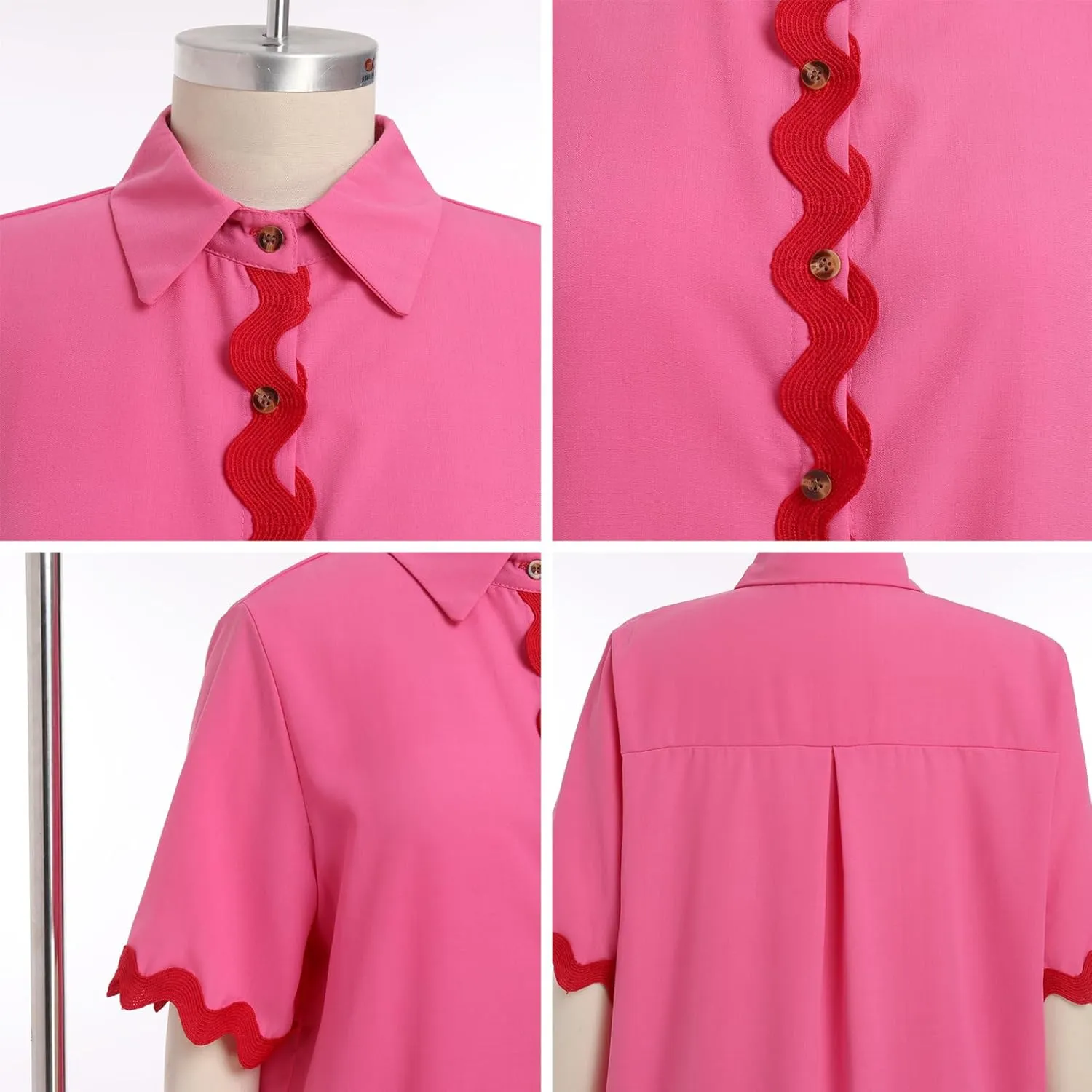 Summer Women's 2 Pieces Casual Sets Short Sleeve Rickrack Trim Contrast Shirt and High Waist Shorts Lounge Wear
