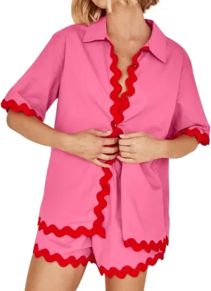 Summer Women's 2 Pieces Casual Sets Short Sleeve Rickrack Trim Contrast Shirt and High Waist Shorts Lounge Wear