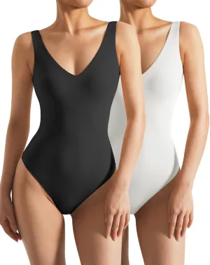 SUUKSESS Women 2 Piece Thong Bodysuit Sexy V Neck Backless Sleeveless Tank Tops