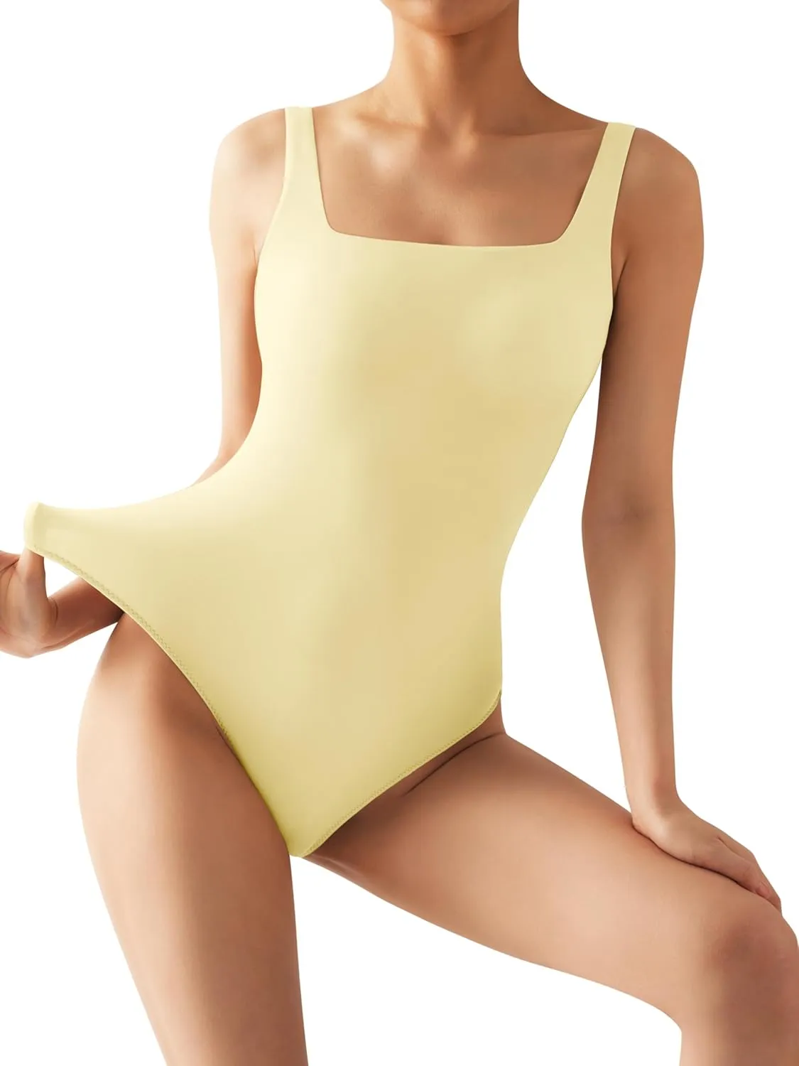 SUUKSESS Women Sexy Square Neck Thong Bodysuit Backless Sleeveless Tank Tops