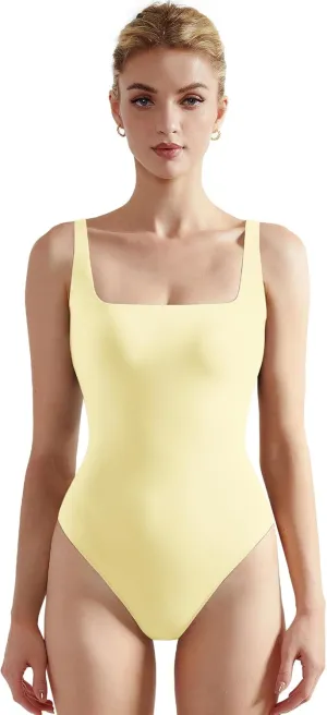 SUUKSESS Women Sexy Square Neck Thong Bodysuit Backless Sleeveless Tank Tops