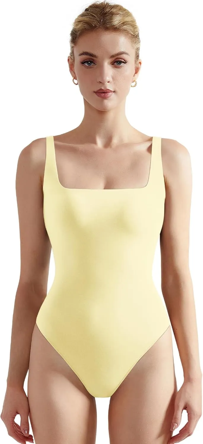 SUUKSESS Women Sexy Square Neck Thong Bodysuit Backless Sleeveless Tank Tops