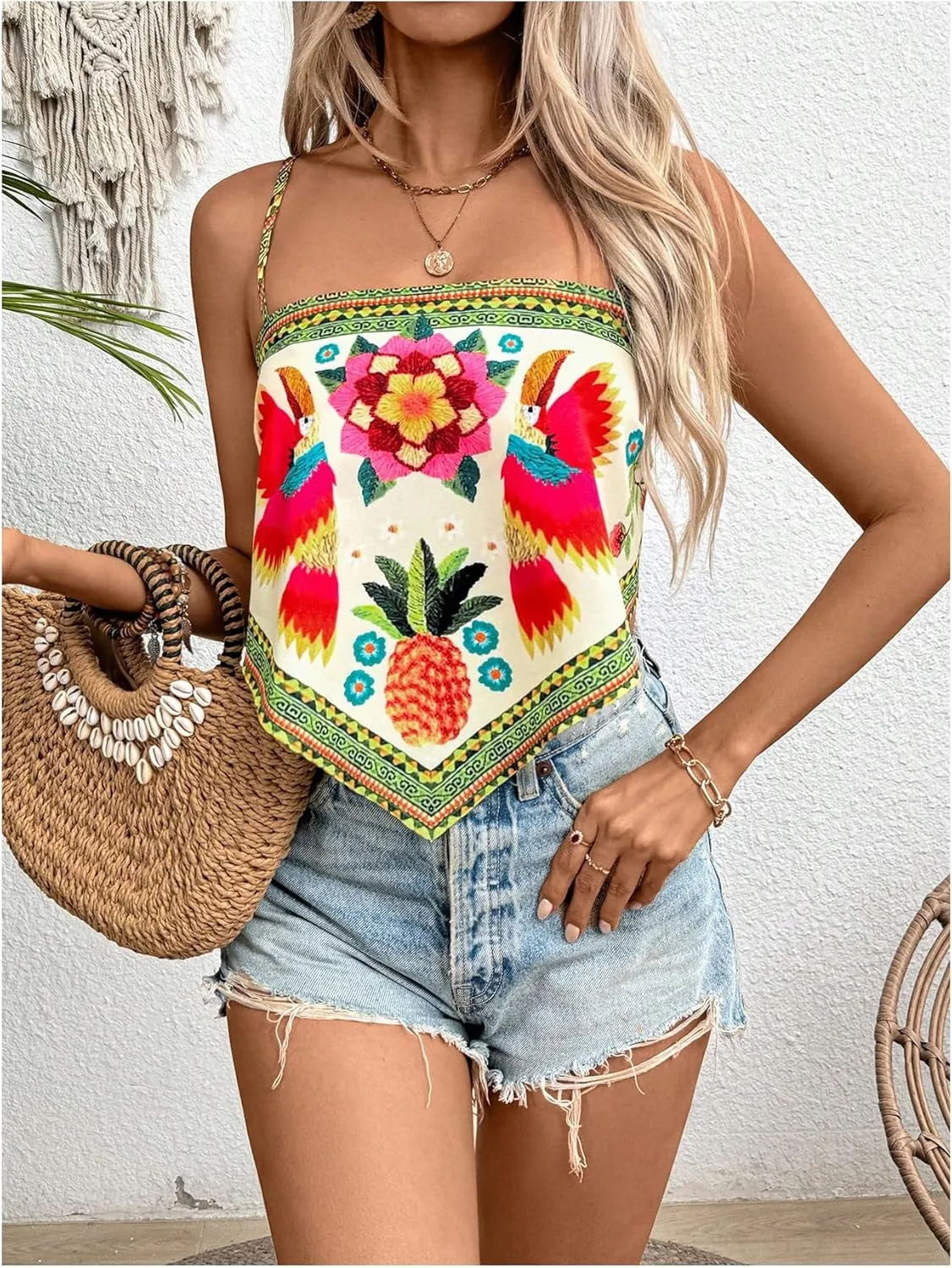 SweatyRocks Women's Tribal Floral Print Backless Camisole Tie Knot Sleeveless Vacation Boho Tops