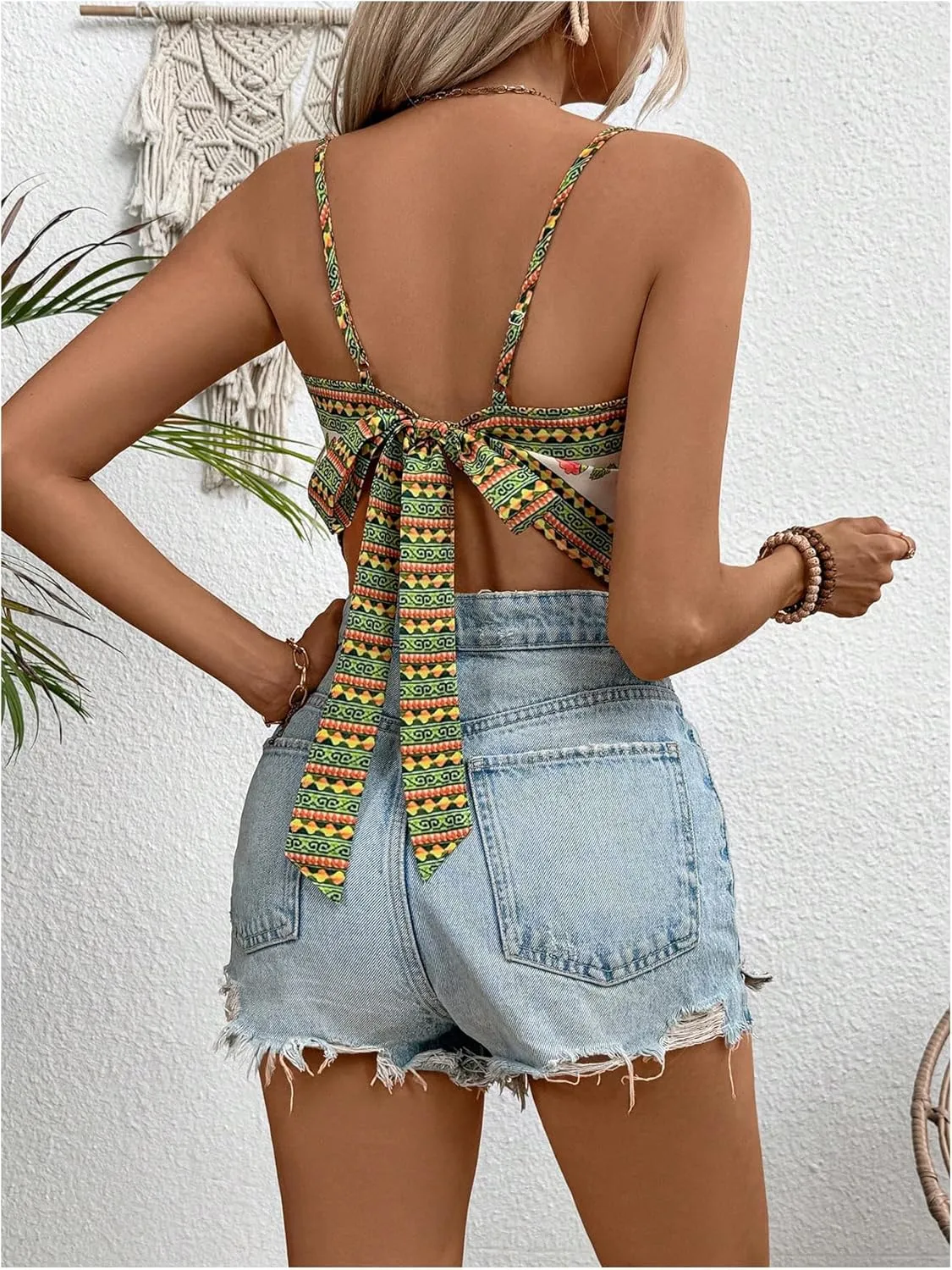 SweatyRocks Women's Tribal Floral Print Backless Camisole Tie Knot Sleeveless Vacation Boho Tops