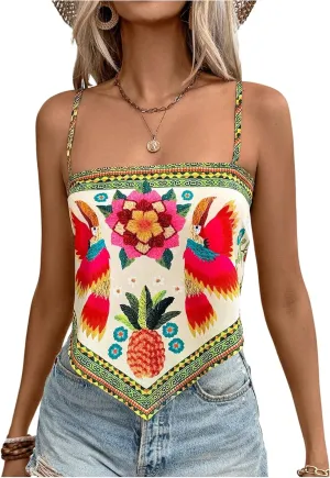SweatyRocks Women's Tribal Floral Print Backless Camisole Tie Knot Sleeveless Vacation Boho Tops