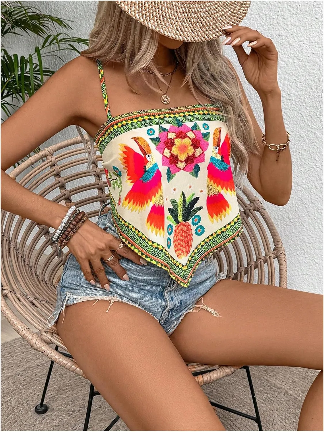 SweatyRocks Women's Tribal Floral Print Backless Camisole Tie Knot Sleeveless Vacation Boho Tops